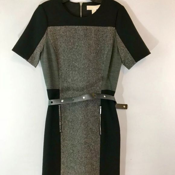 MICHAEL Michael Kors Black/Gray Belted Colorblock  Sheath Tweed Dress‎ - Picture 3 of 7